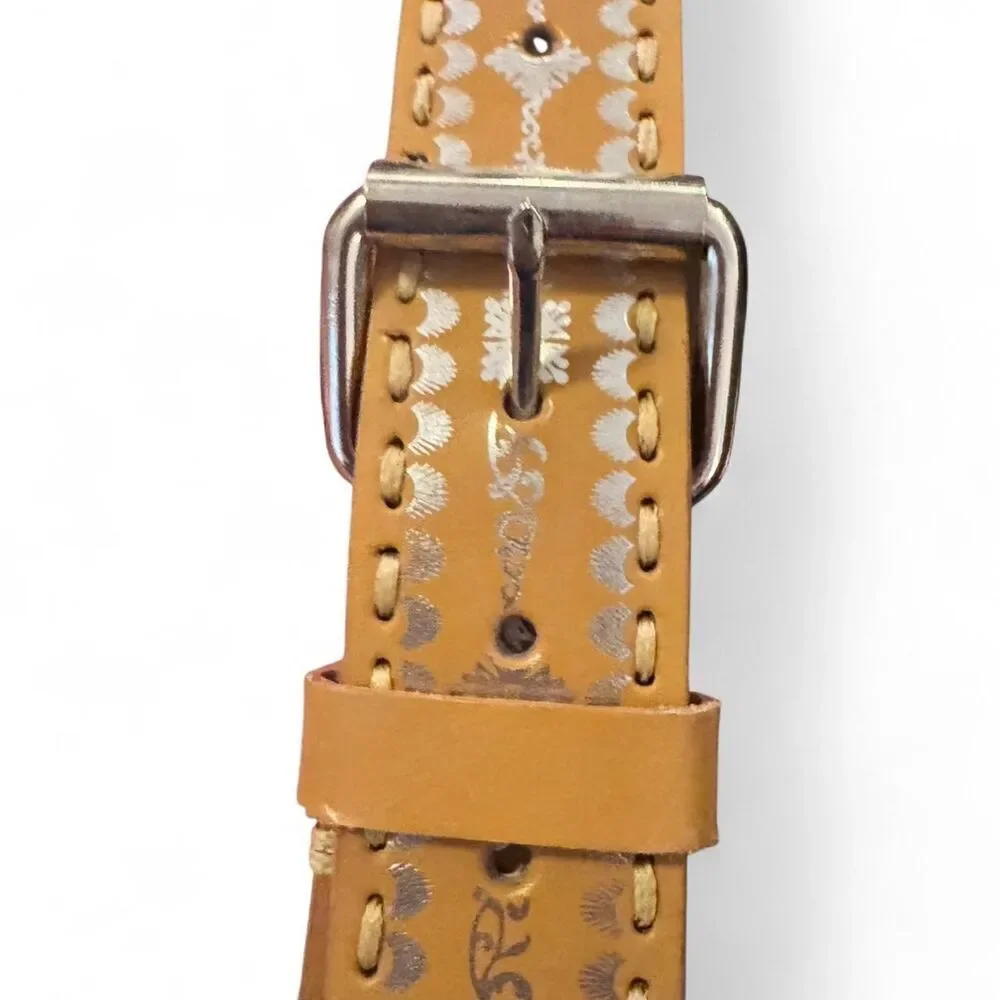 Faded Glory Tan leather belt with silver hardware and Aztec design size Large